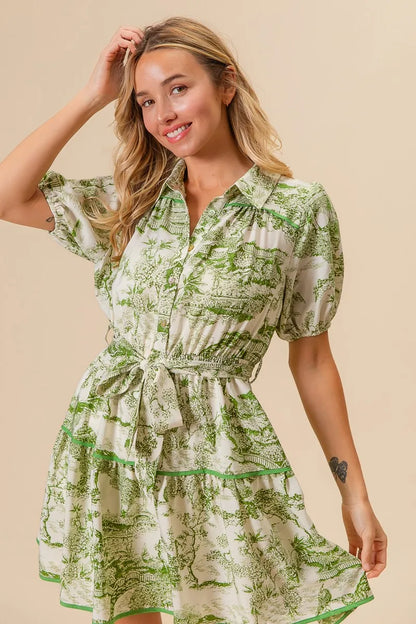 Woven Printed Tiered Mini Dress – outfit idea for women | Ro + Ivy