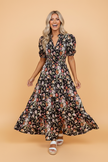 Floral V-Neck Puff Sleeve Maxi Dress