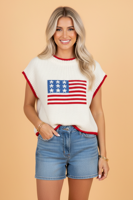 Patriotic Relaxed Fit Knit Top With Flag Graphic Easy Everyday Style - Knit Tops