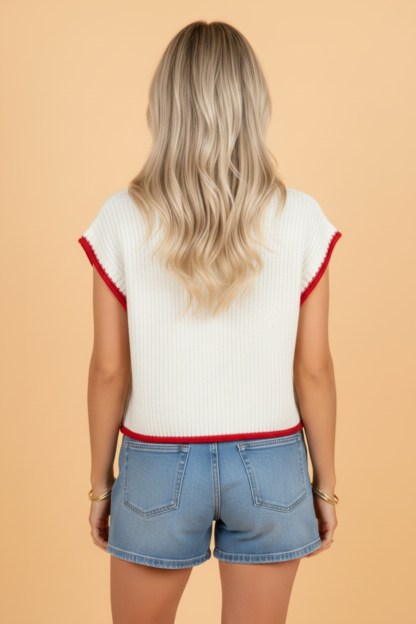 Patriotic Relaxed Fit Knit Top With Flag Graphic — Easy Everyday Style - Sweaters & Cardigans/Short Sleeve Sweaters