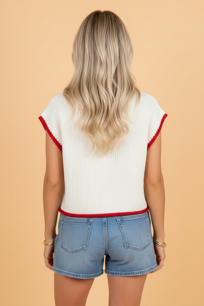 Patriotic Relaxed Fit Knit Top With Flag Graphic — Easy Everyday Style - Sweaters & Cardigans/Short Sleeve Sweaters