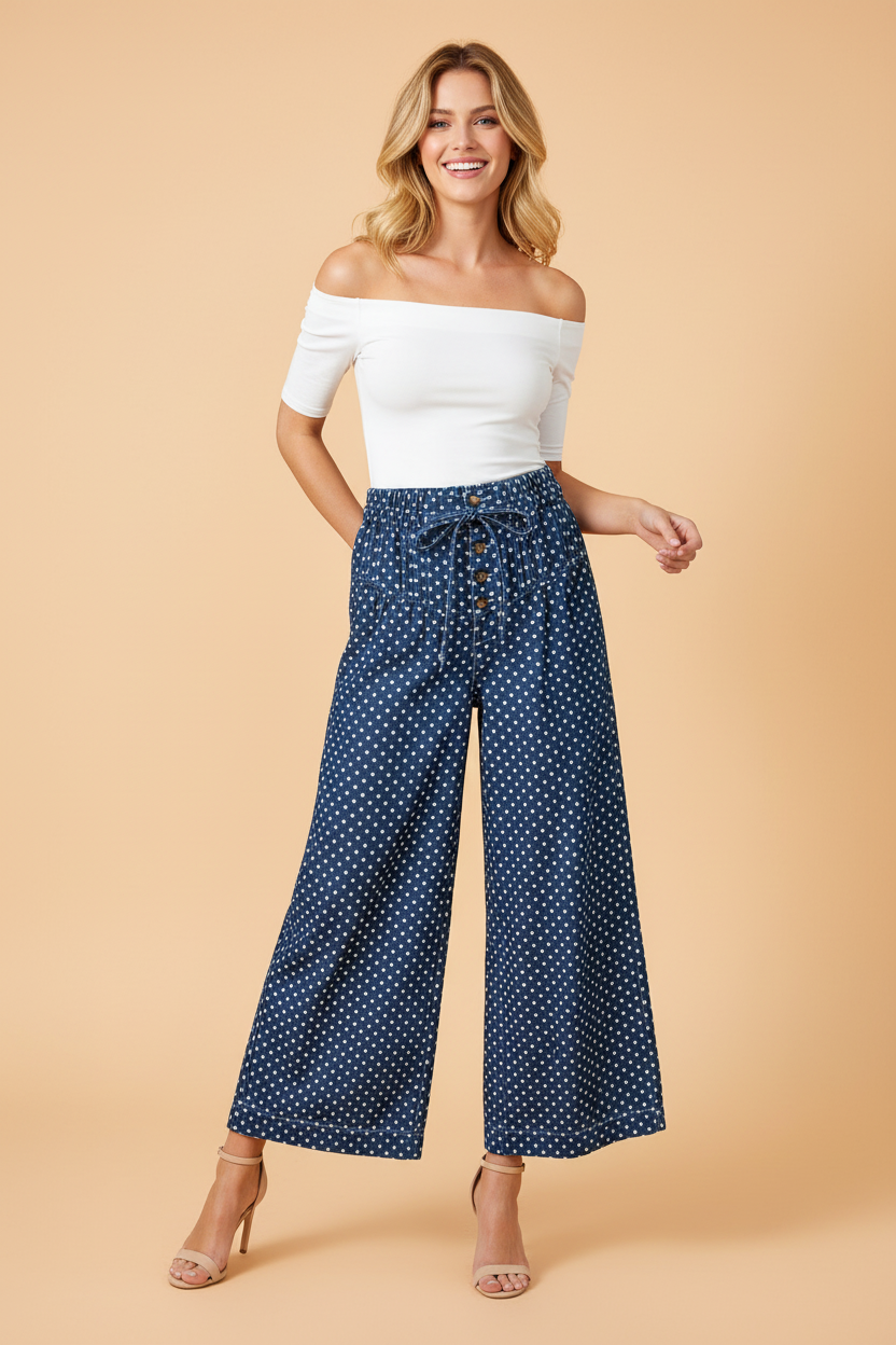 Polka Dot Button Front Pleated Wide Leg Denim Jeans — Charming Trendy Everyday Style - Sky Blue Bottoms/Jeans