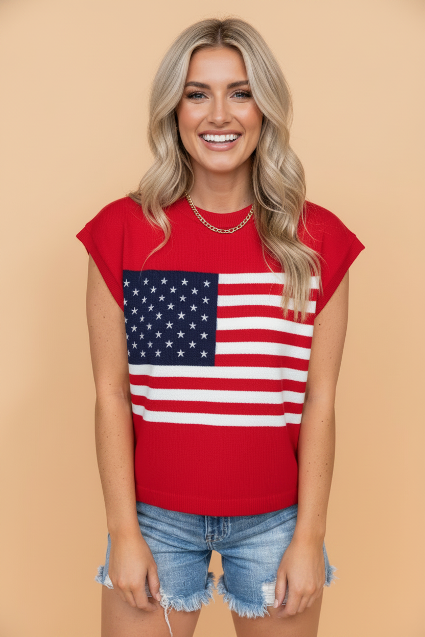 Patriotic Relaxed Knit Top With Flag Graphic — Casual Holiday Style - Fiery Red Sweaters & Cardigans/Short Sleeve Sweaters