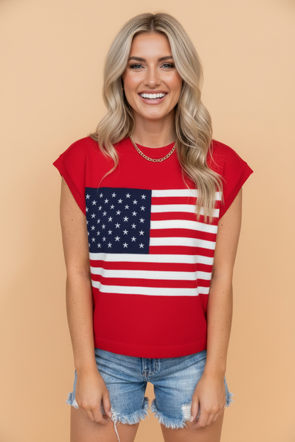 Patriotic Relaxed Knit Top With Flag Graphic — Casual Holiday Style - Fiery Red Sweaters & Cardigans/Short Sleeve Sweaters