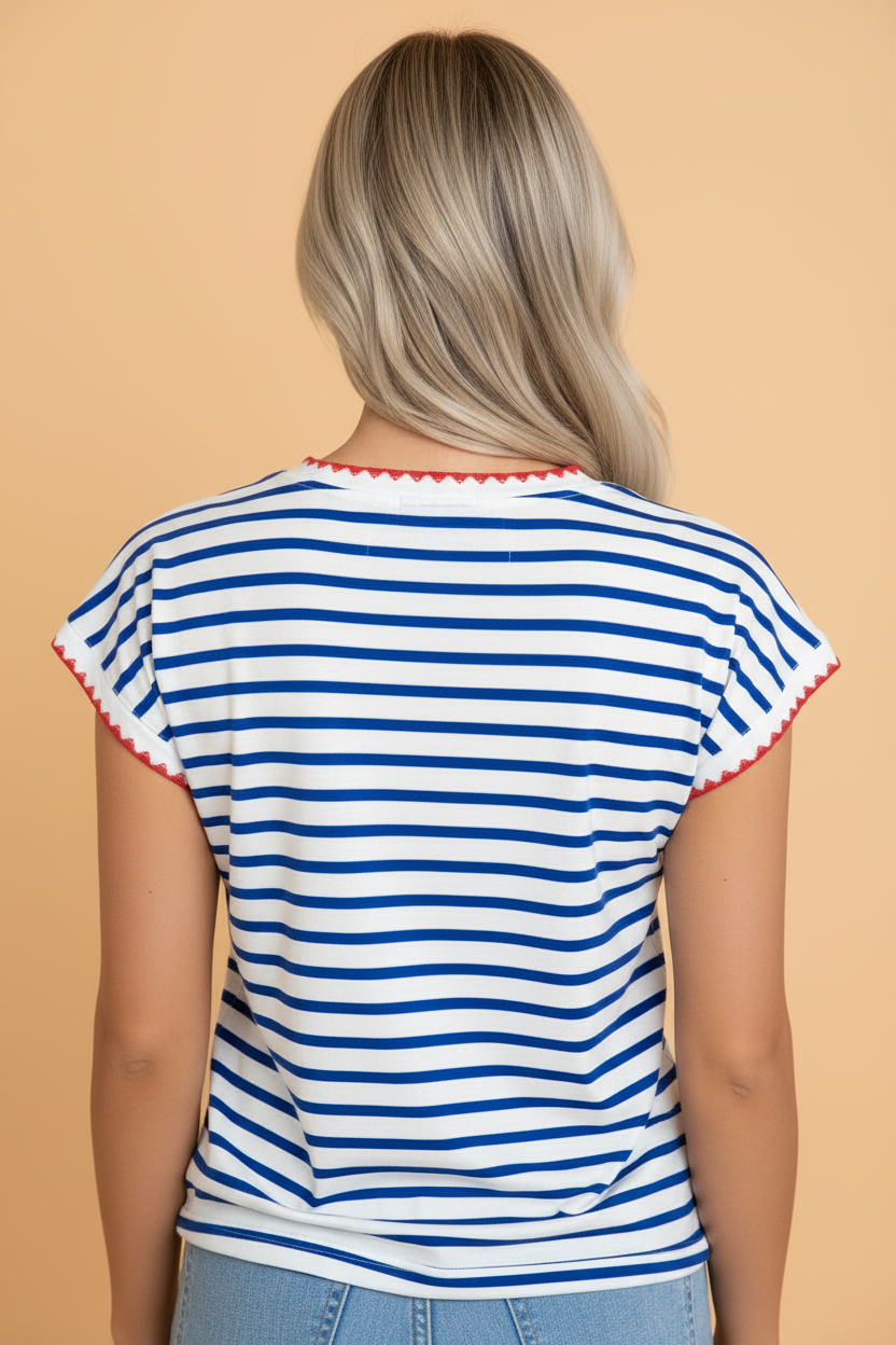 Striped Contrast Trim Round Neck Cap Sleeve Tee — Classic Timeless Everyday Style - Tops/Tops & Tees