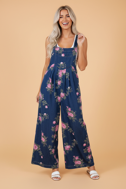 Floral Pleated High Waist Washed Denim Wide Leg Overalls — Retro Vintage Everyday Style - Blue Bottoms/Jumpsuits & Rompers