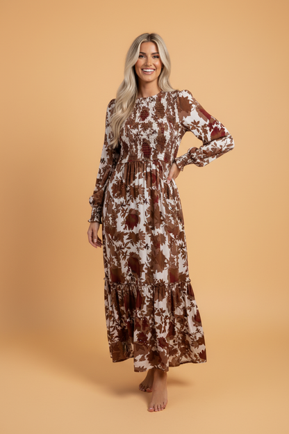 Featherweight Floral Long Sleeve Smocked Bodice Maxi Dress Chestnut