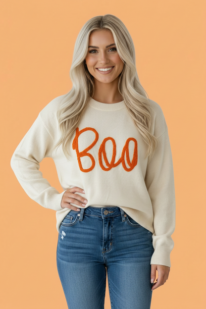 Halloween Boo Crew Neck Drop Shoulder Sweater Apricot