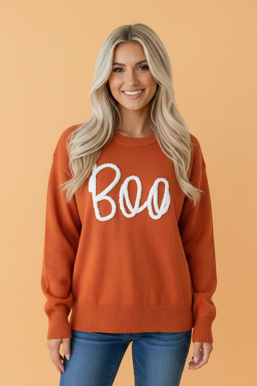 Halloween Boo Crew Neck Drop Shoulder Sweater Orange