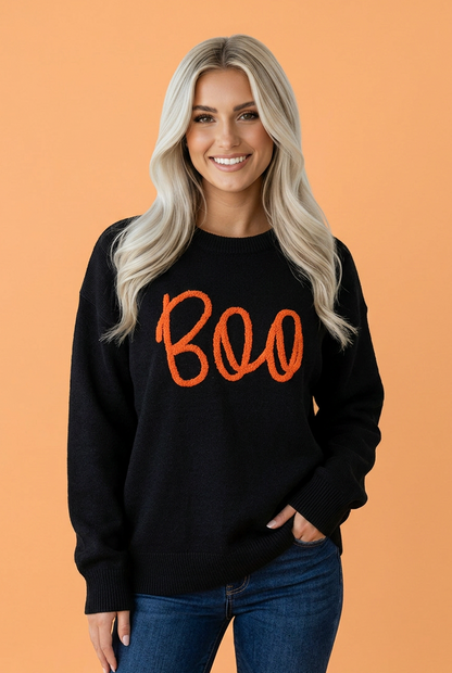 Halloween Boo Crew Neck Drop Shoulder Sweater