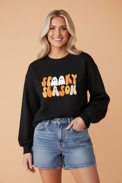 Halloween Spooky Season Embroidered Long Sleeve Sweatshirt Color black
