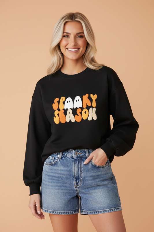 Halloween Spooky Season Embroidered Long Sleeve Sweatshirt Color black