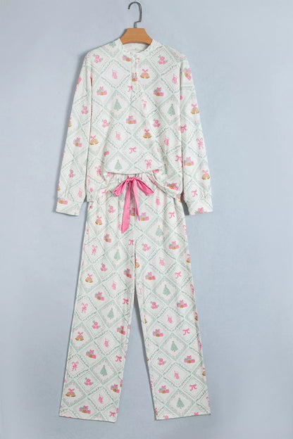 Christmas Patchwork Lounge Set with Button-Front Long-Sleeve Top and Drawstring Pants