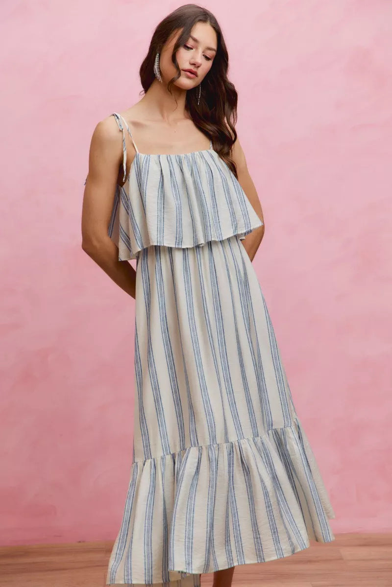 Women's Striped Tiered Shoulder Tie Midi Dress - Midi Dresses
