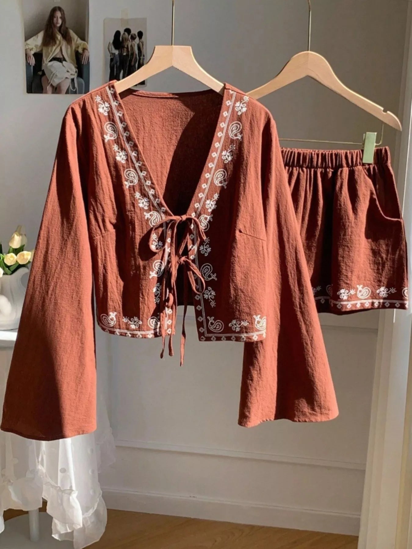 Women's Embroidered Tie Front Top and Shorts Set - Matching Sets