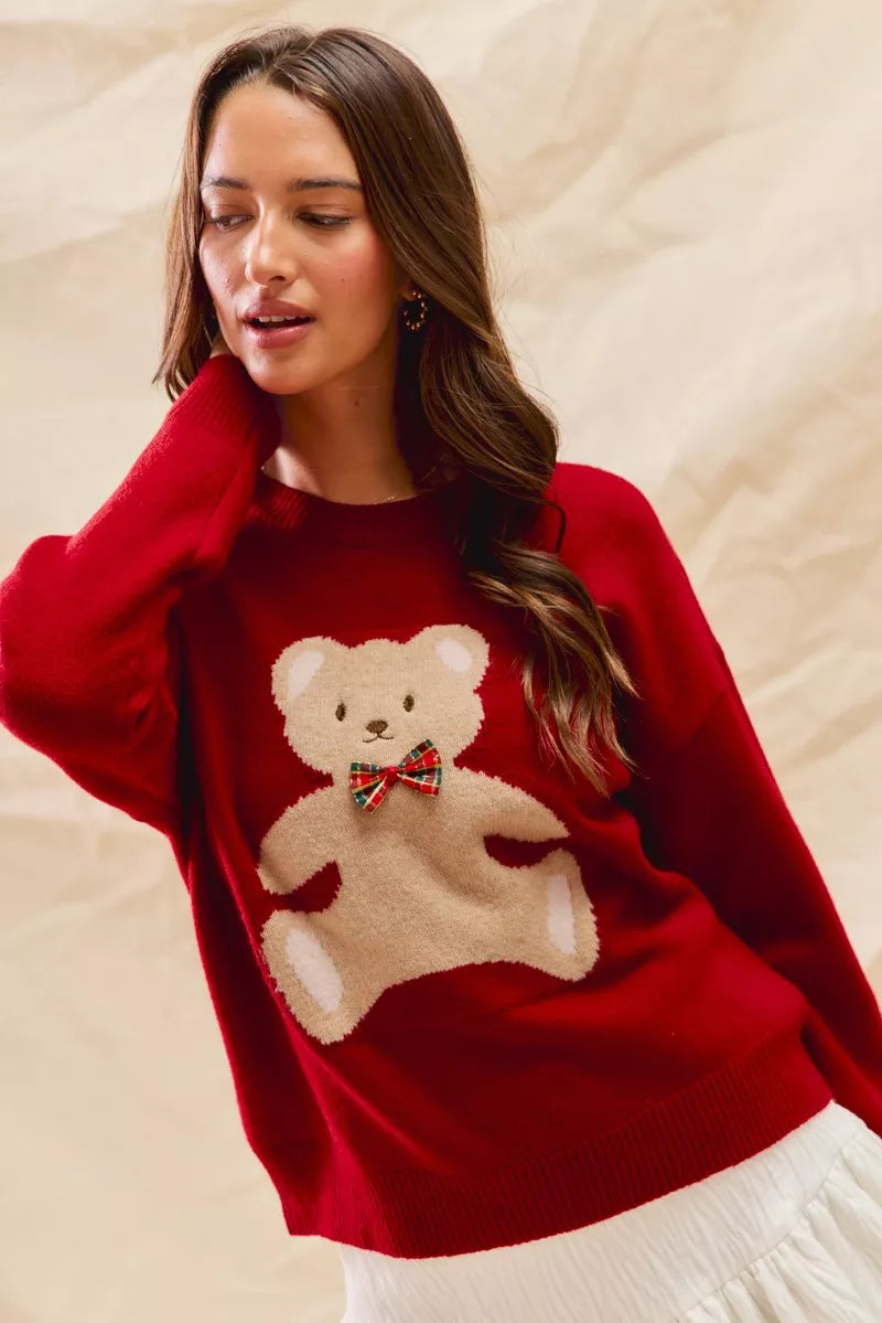 Round Neck Long Sleeve Teddy Bear Christmas Sweater | Trendy Sweaters Outfit Idea for Women by Ro + Ivy | Elevated Basics, Modern Comfort & Style