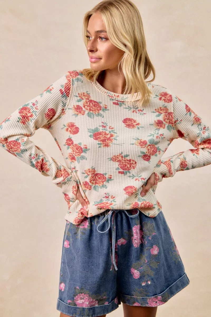 Oatmeal Washed Floral Long Sleeve Waffle Thermal Top with Sleeve Thumb Hole | Trendy Tops Outfit Idea for Women by Ro + Ivy | Elevated Basics, Modern Comfort & Style
