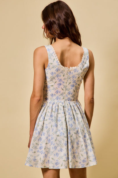 Fit And Flare Floral Print V Neck Cotton Mini Dress - Mini Dresses