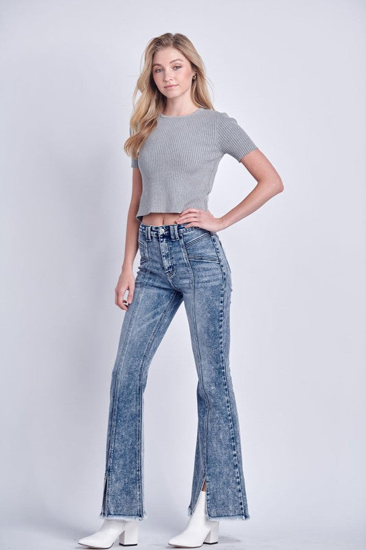 High Rise Stretch Flare Jeans | Trendy Jeans Outfit Idea for Women by Ro + Ivy | Elevated Basics, Modern Comfort & Style