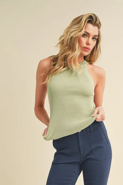 Grecian Neck Ribbed Tank Top – Sage outfit idea for women | Ro + Ivy