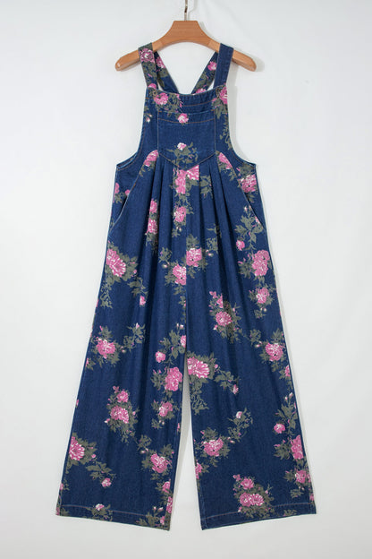 Floral Pleated High Waist Washed Denim Wide Leg Overalls — Retro Vintage Everyday Style - Bottoms/Jumpsuits & Rompers
