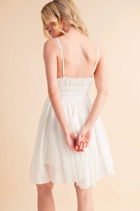 Lace Detail Cami Mini Dress in White – outfit idea for women | Ro + Ivy