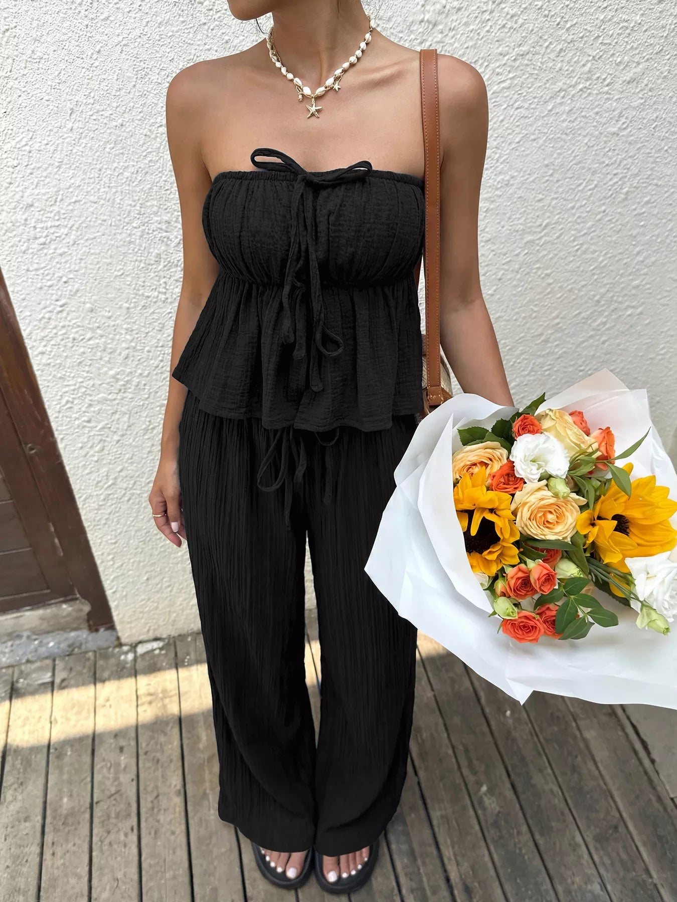 Women's Tube Top and Wide Leg Pants Set - Matching Sets