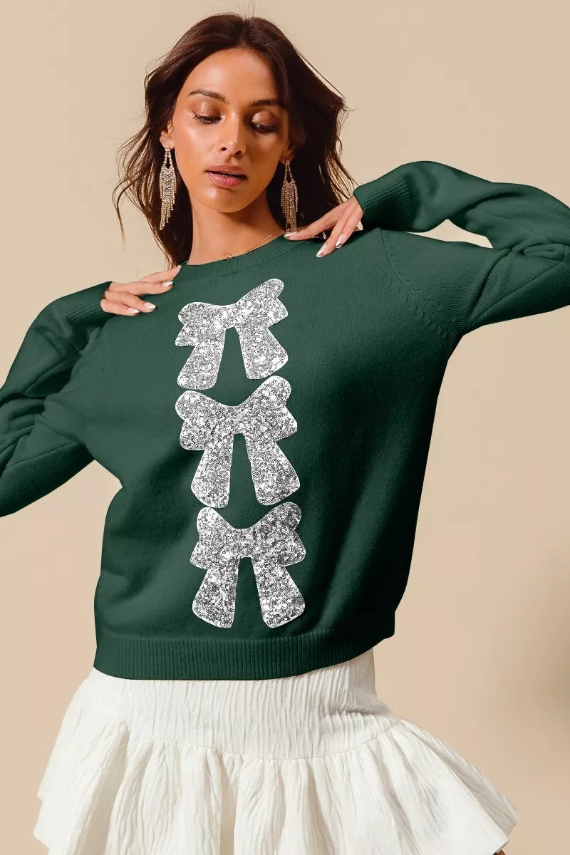 HUNTER SILVER Hunter Green Sequins Bow Christmas Sweater | Trendy Sweaters Outfit Idea for Women by Ro + Ivy | Elevated Basics, Modern Comfort & Style