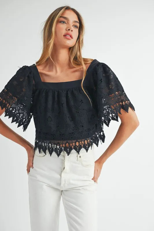 Square Neck Crochet Lace Top With Double Bow Tie – Black outfit idea for women | Ro + Ivy