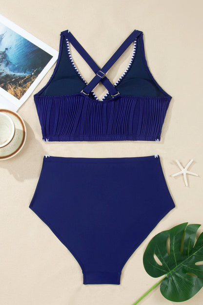 Shell Stitch Trim Textured V-Neck High Waist Bikini Set — Supportive Beach Style - Swimwear/Bikinis