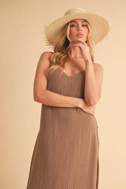 Side Button Cami Midi Dress in Mocha – outfit idea for women | Ro + Ivy