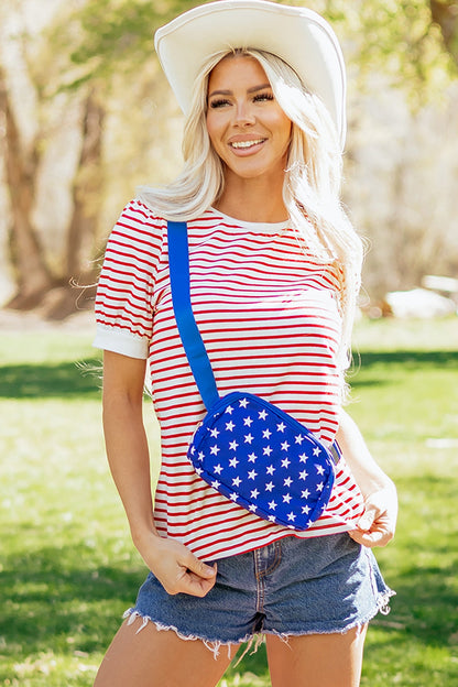 Classic Striped Puff Sleeve Casual T-Shirt — Comfortable Relaxed Everyday Style - Tops & Tees