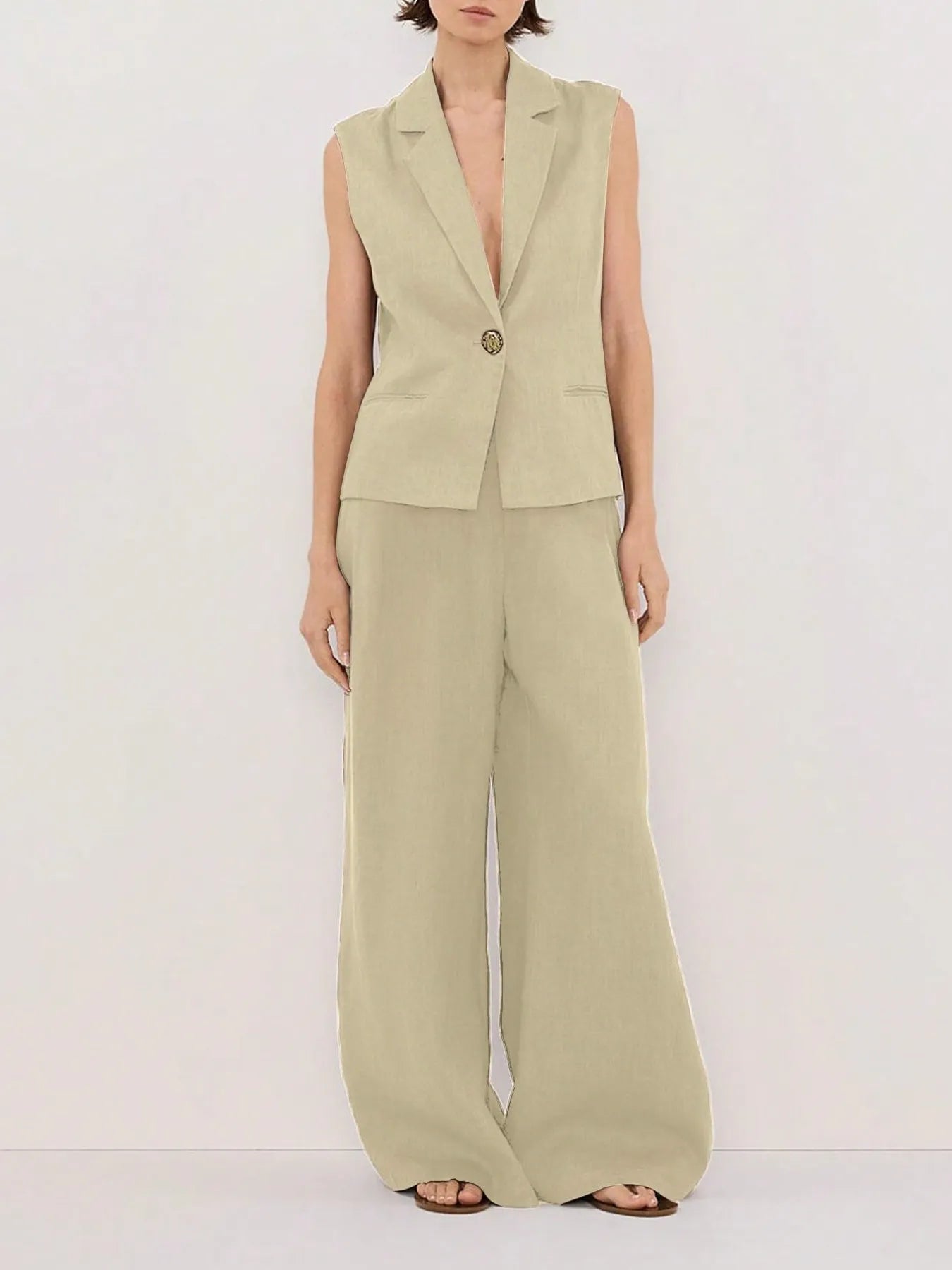 Women's One Button Sleeveless Top and Pants Set - Tan Matching Sets