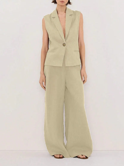 Women's One Button Sleeveless Top and Pants Set - Tan Matching Sets