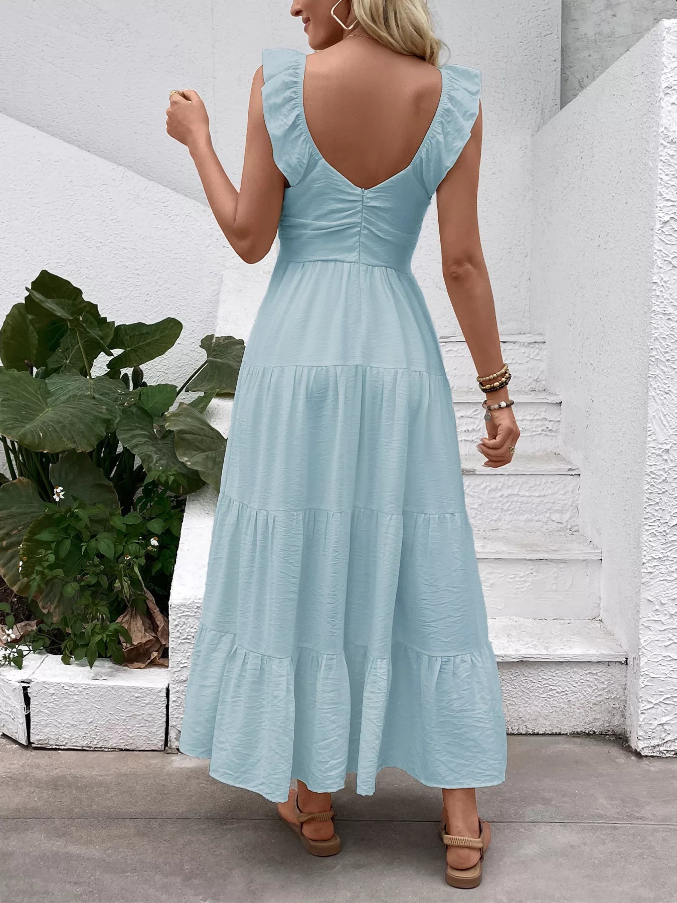 Women's Flowy V-Neck Tiered Maxi Dress with Flutter Sleeves – Ro + Ivy