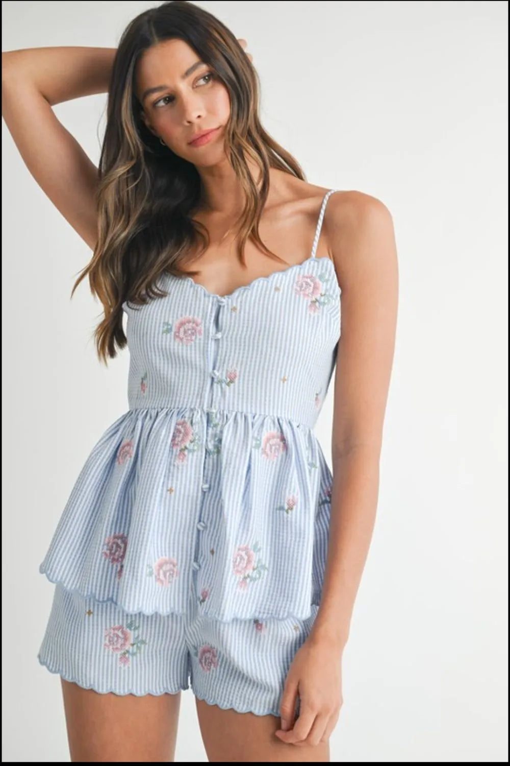Stripe Embroidered Peplum Cami And Shorts Set – outfit idea for women | Ro + Ivy
