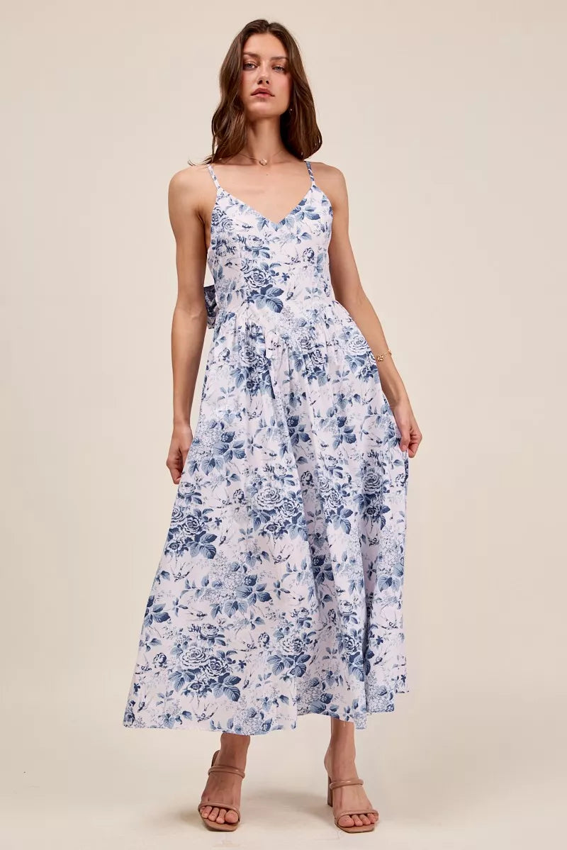 Floral Woven V-Neck Back Ribbon Tie Midi Dress — Romantic Adjustable Feminine Everyday Style - BLUECOMBO Midi Dresses