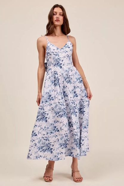 Floral Woven V-Neck Back Ribbon Tie Midi Dress — Romantic Adjustable Feminine Everyday Style - BLUECOMBO Midi Dresses