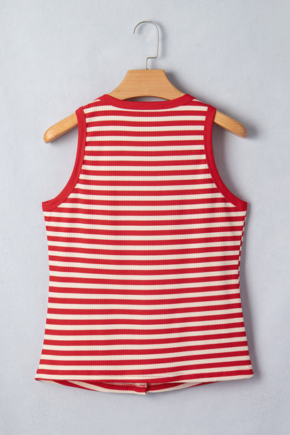 Striped Ribbed Knit Round Neck Buttoned Sleeveless Tank Top — Sophisticated Warm-Weather Style - Tops/Tank Tops