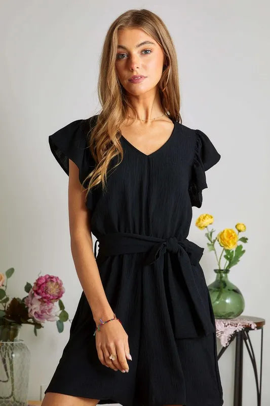 Ruffle Sleeves Romper With Pockets – BLACK outfit idea for women | Ro + Ivy