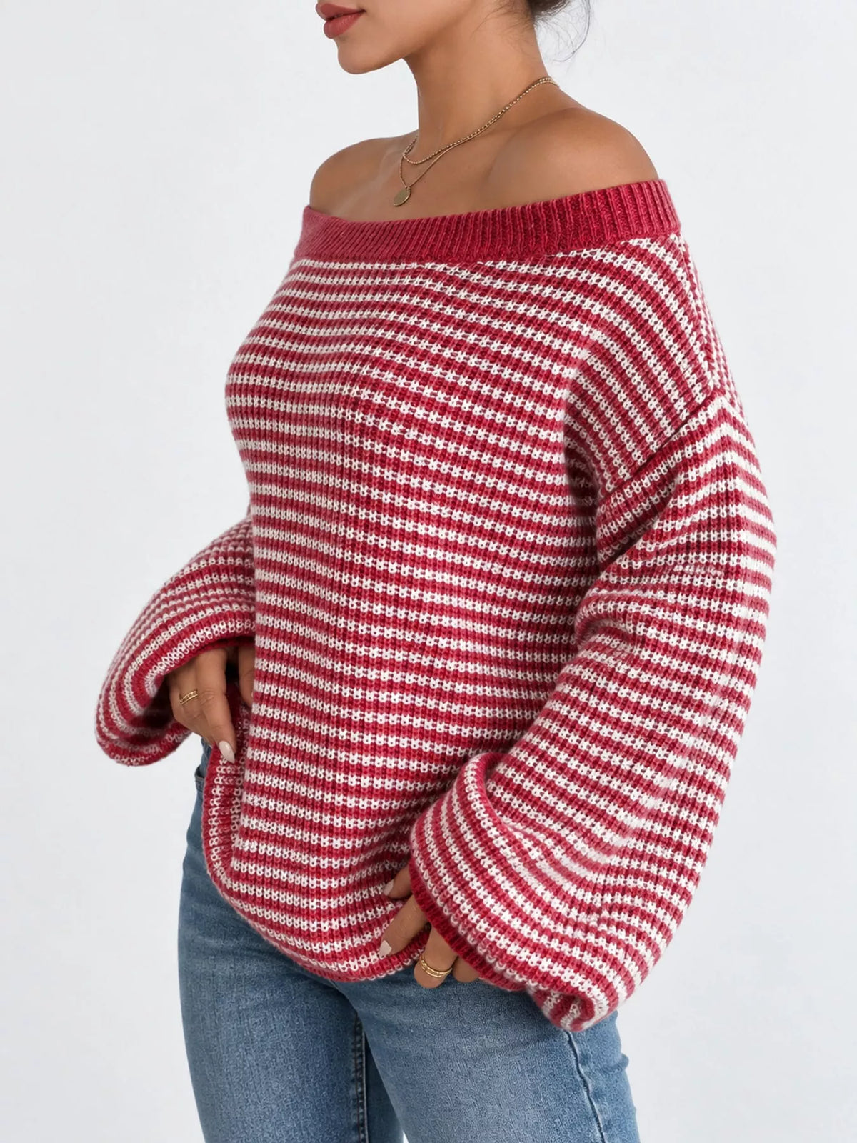 Oversized Striped Ribbed Knit Sweater with Boat Neck