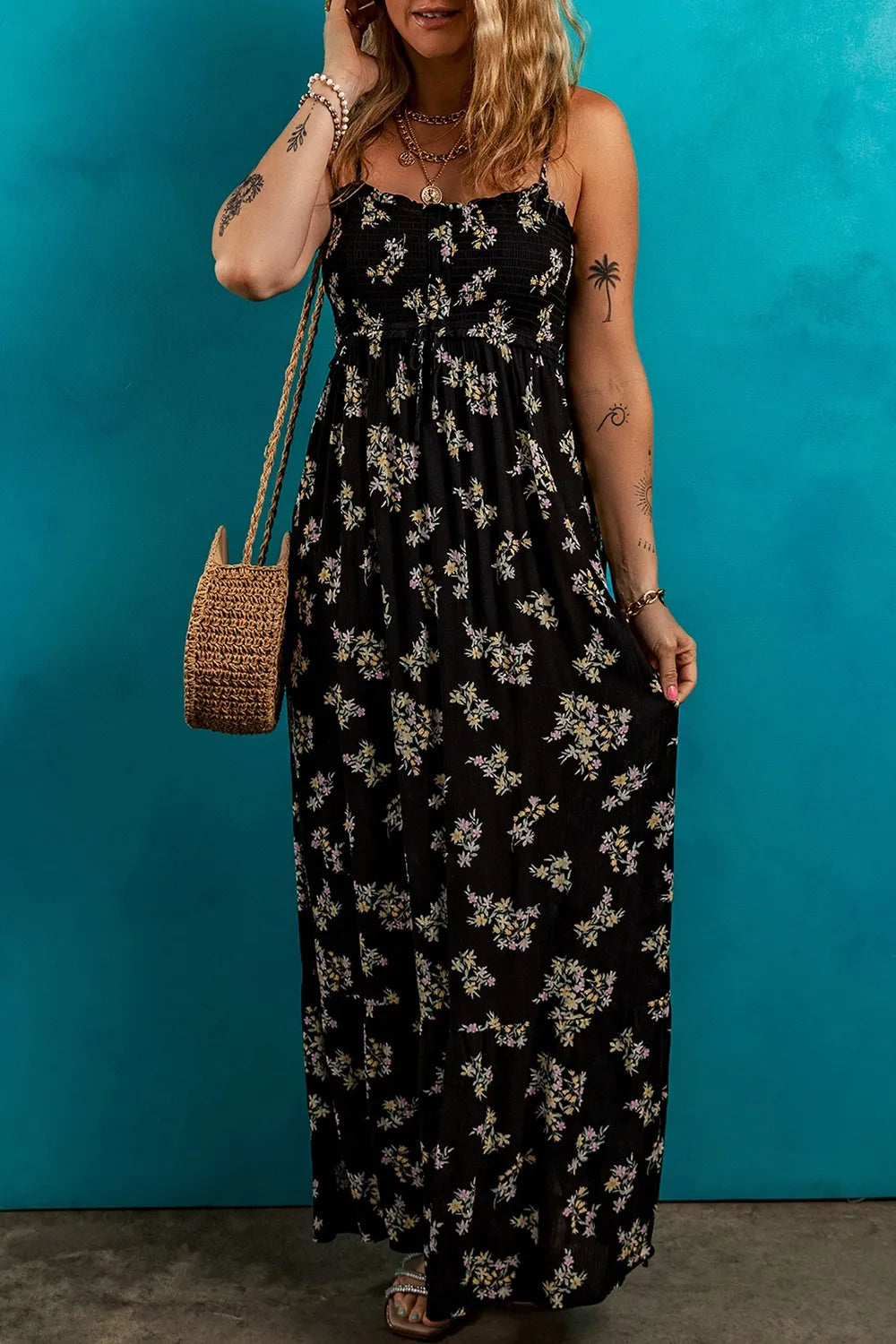 Floral Spaghetti Strap Shirred Bodice Tied Empire Waist Maxi Dress - Maxi Dresses