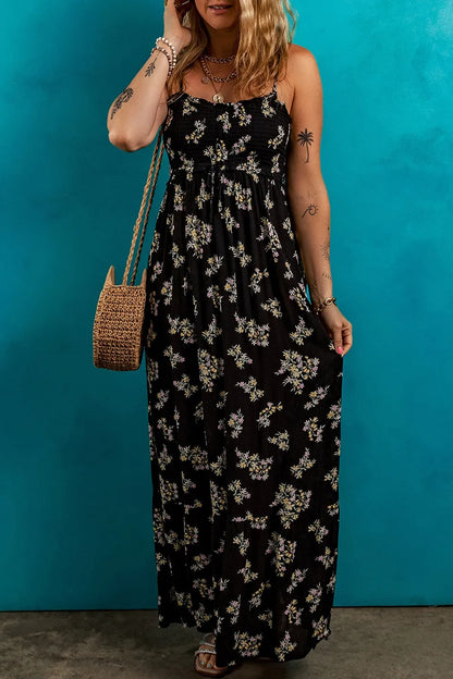 Floral Spaghetti Strap Shirred Bodice Tied Empire Waist Maxi Dress - Maxi Dresses