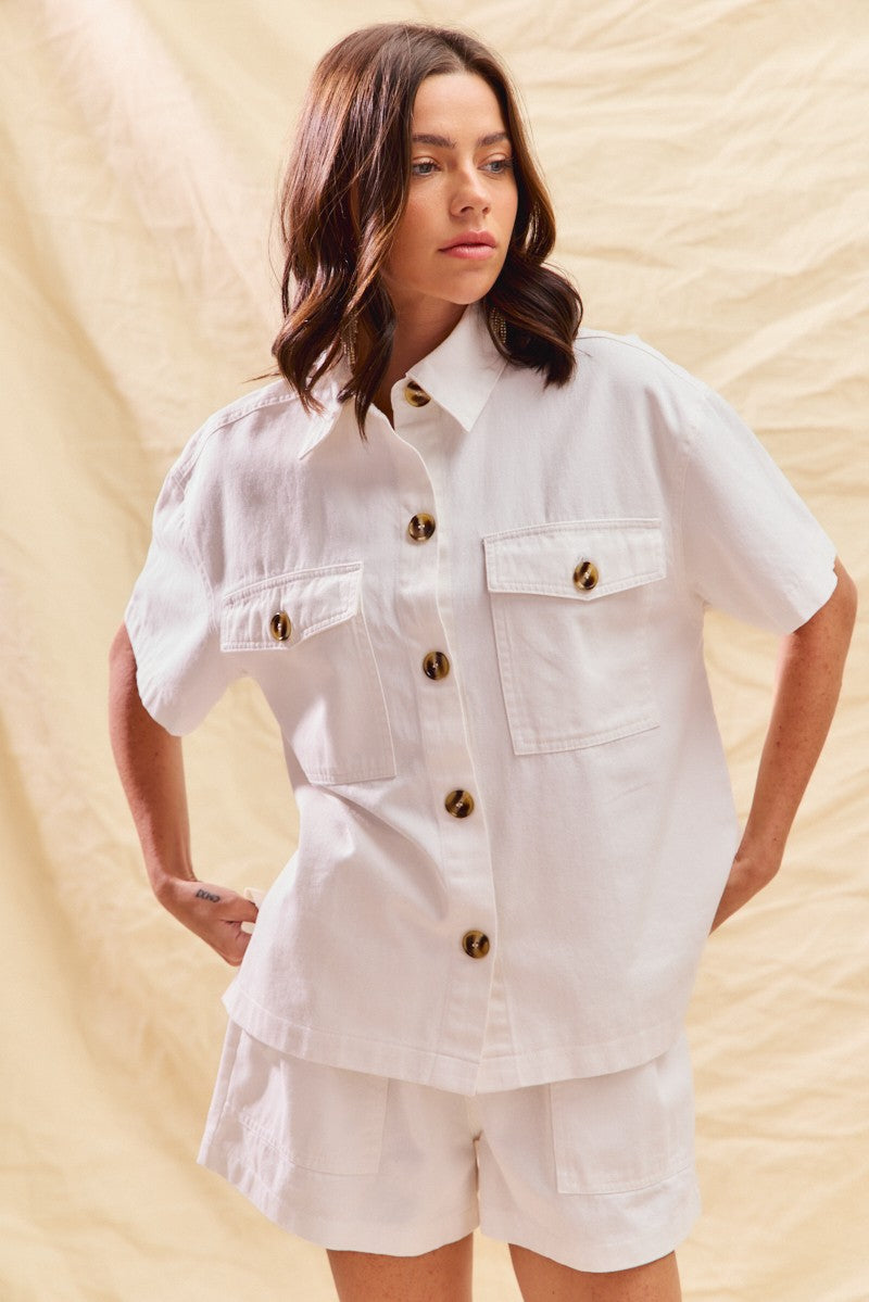 Button-Down Denim Shirt & Matching Shorts Two-Piece Set — Chic Casual Game Day Style - Outfit Sets