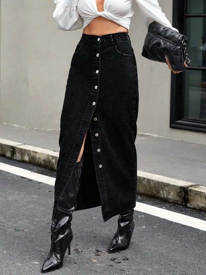 Button Front Denim Skirt - Skirts