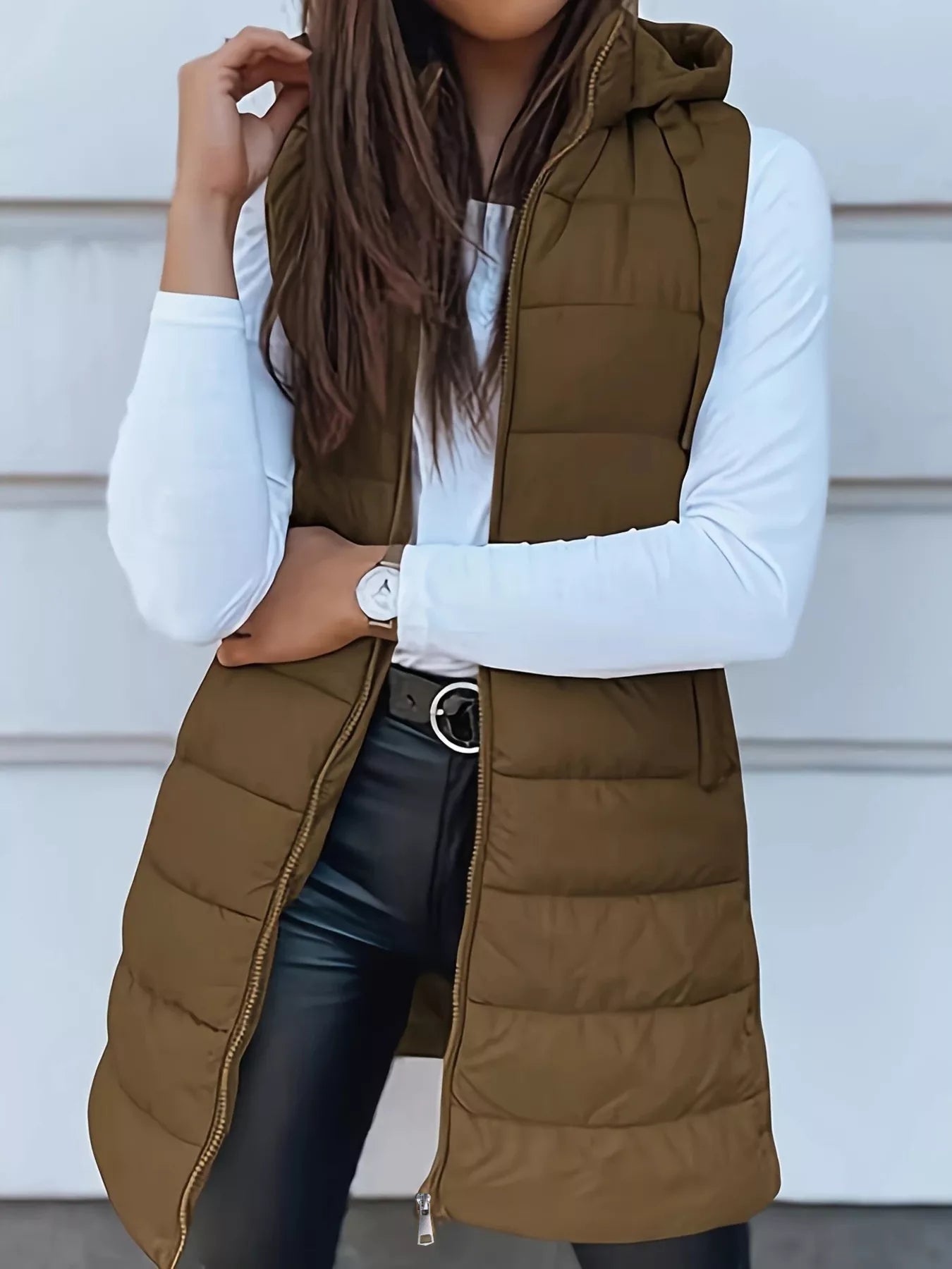 Zip Up Longline Hooded Puffer Vest Chocolate