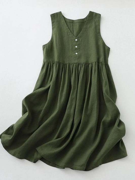 Women's V-Neck Button Detail Sleeveless Midi Dress Army Green