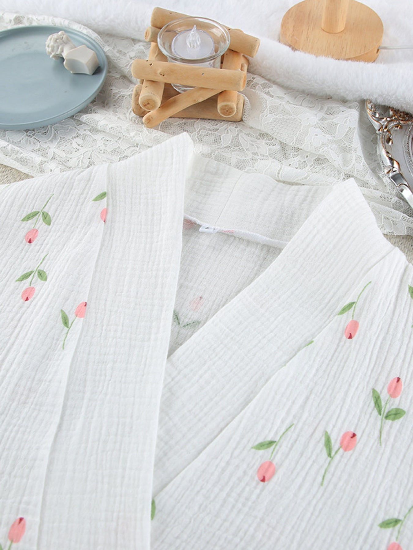 Floral Print Cotton Lightweight Kimono Robe - Robes