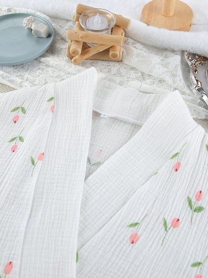 Floral Print Cotton Lightweight Kimono Robe - Robes