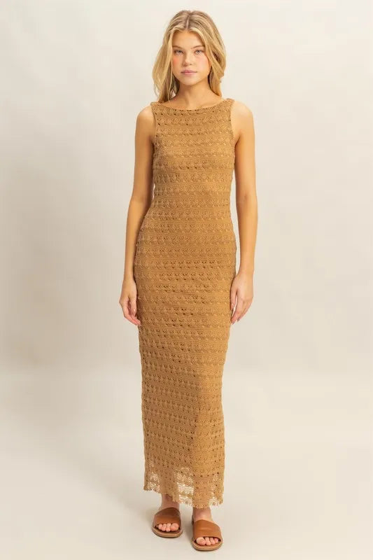 Sleeveless Crochet Open Back Maxi Dress – L.BROWN outfit idea for women | Ro + Ivy